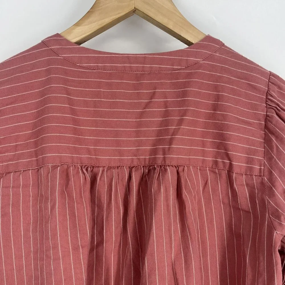 Loft Top Size Small Womens Pink Button Down Striped Pleated Blouse Puff Sleeve
